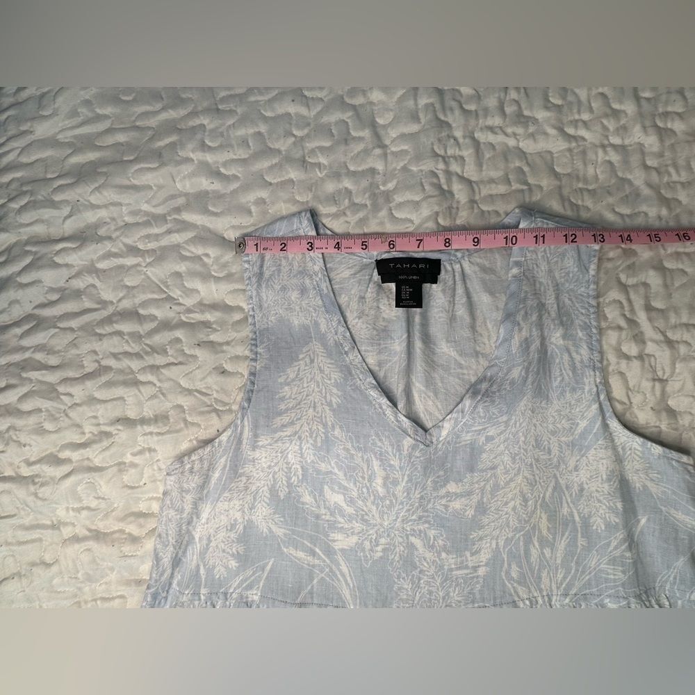 Tahari Linen Tiered Mini Dress Blue White Botanical Print Sleeveless V-Neck Med - Picture 7 of 11
